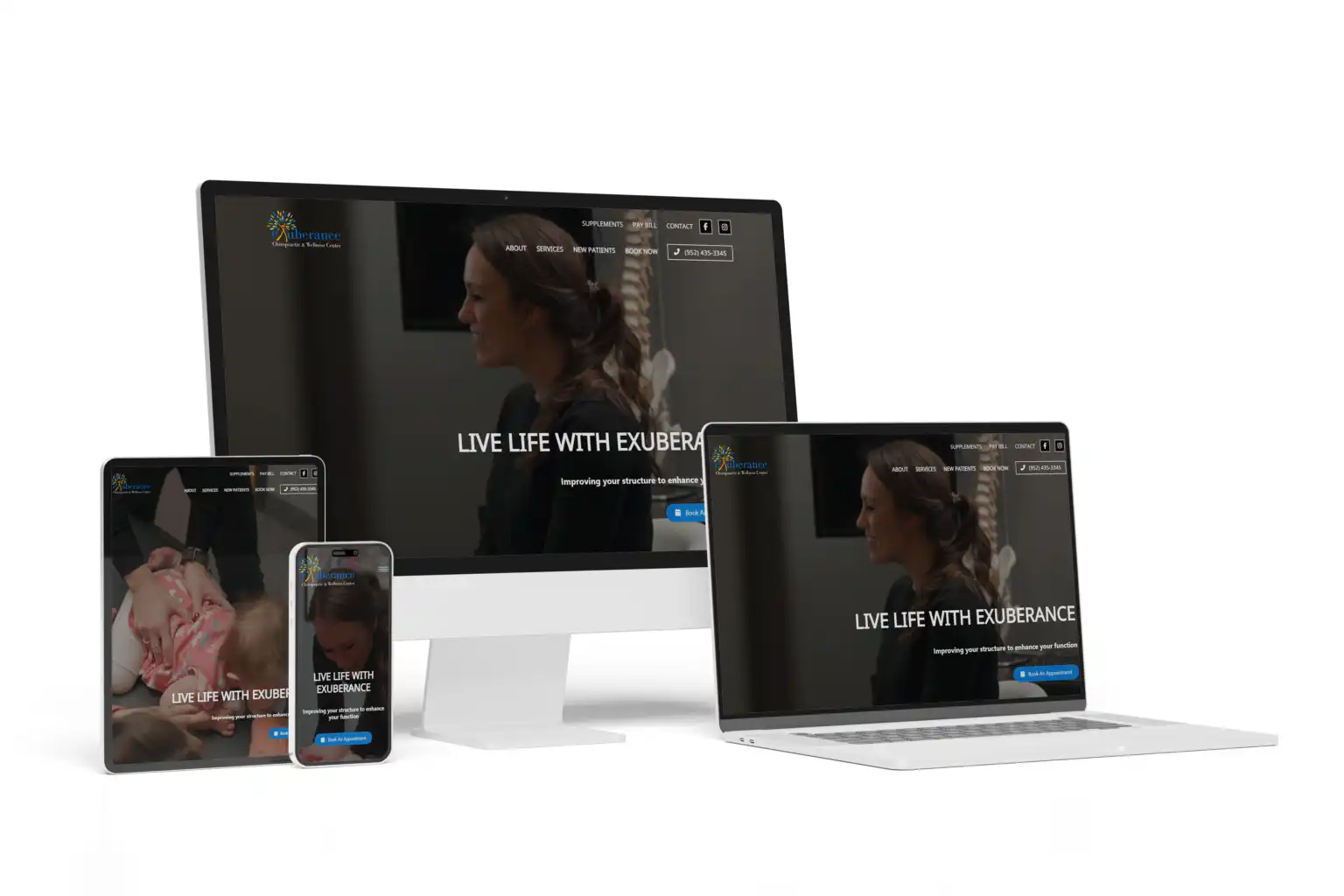 Exuberance Chiropractic & Wellness Centre website design and development project showing responsive website design performed by Go Vertical Media Group in St. Thomas Ontario.