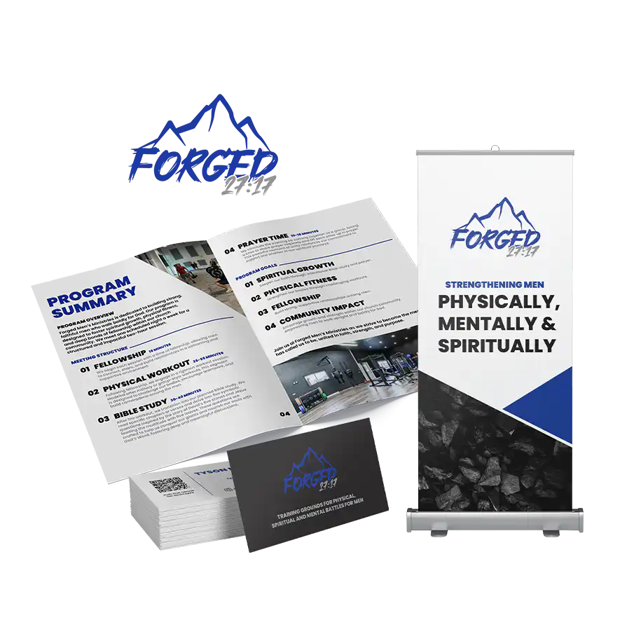 Forged 27:17 Men's Ministry branding and graphic design performed by Go Vertical Media Group in St. Thomas Ontario.