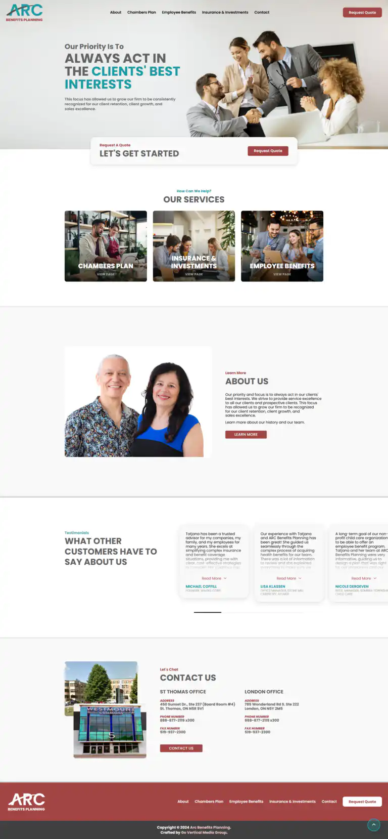 ARC Benefits website design and development project performed by Go Vertical Media Group in St. Thomas Ontario.