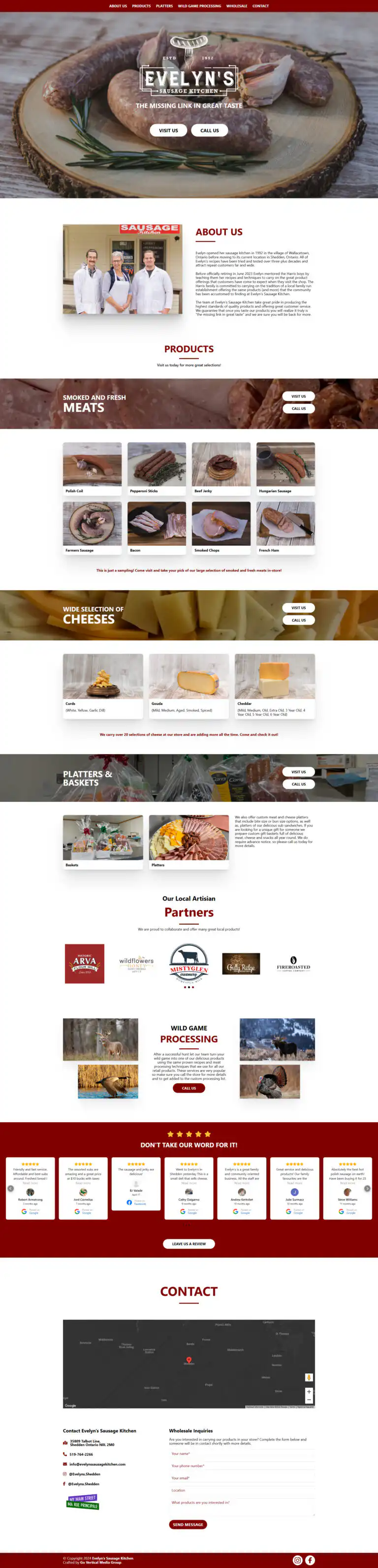 Evelyn's Sausage Kitchen website design and development project performed by Go Vertical Media Group in St. Thomas Ontario.