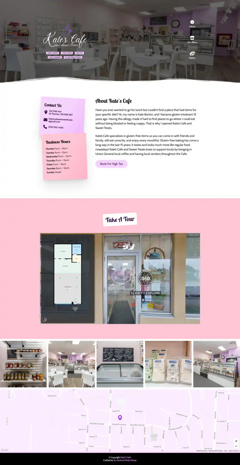 Kate's Cafe website design and development project performed by Go Vertical Media Group in St. Thomas Ontario.